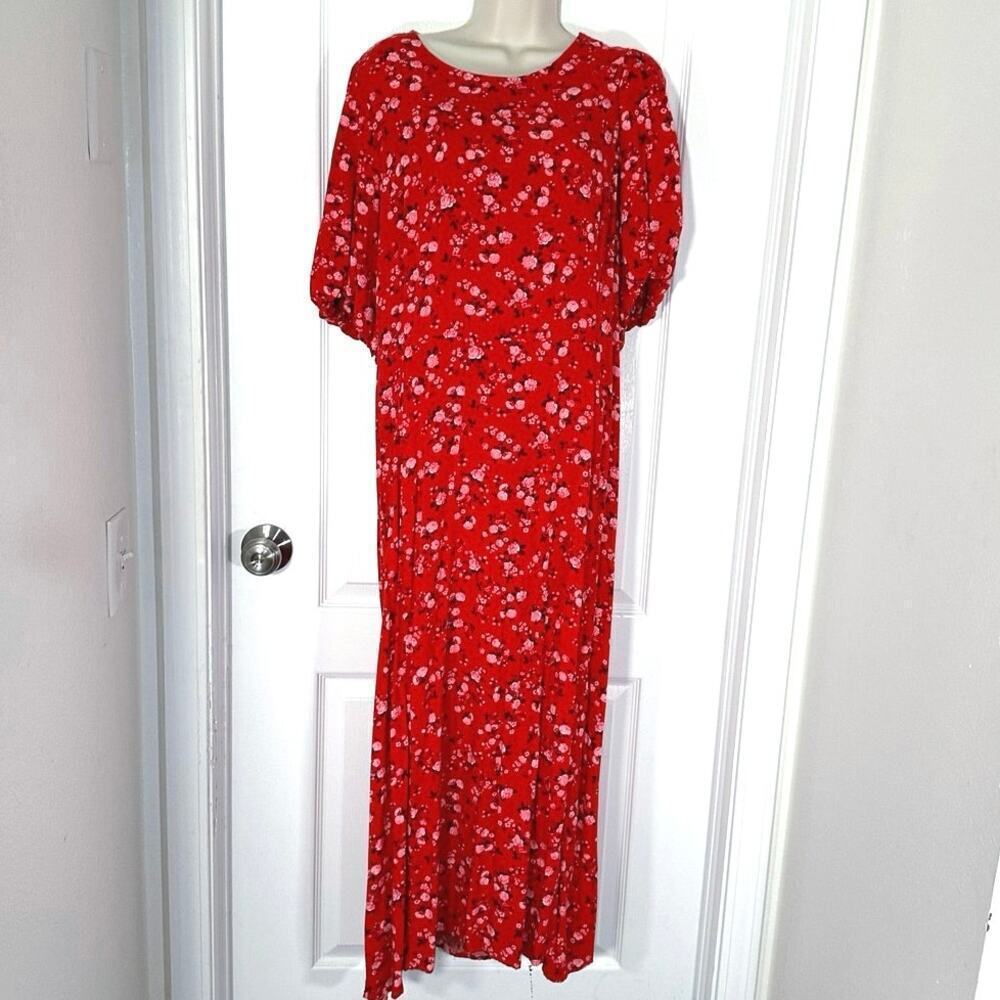 Old Navy Womans Sz XXL Midi Dress Puff Sleeve Floral Red Back Cut Out Smocked - Picture 5 of 9